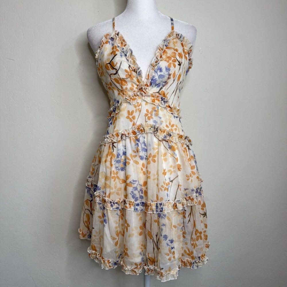 Angel Biba Womens Small Tiered Ruffle Cherry Blossom Baby Doll Mini Dress Fairy